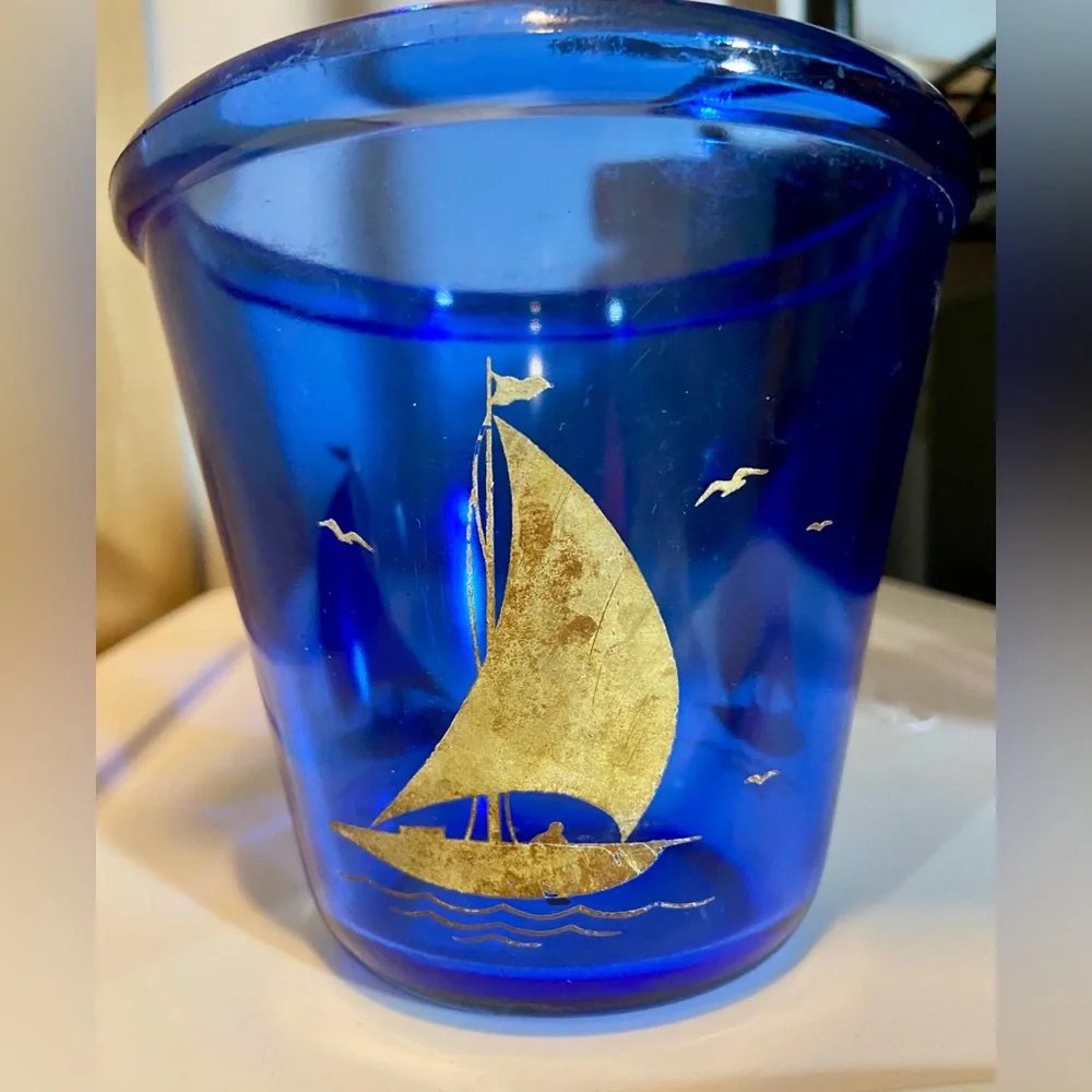 Vintage 4” Hazel Atlas Cobalt Blue Sailboat Ice Bucket - Depression Glass